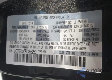 2015 Mazda Cx-9 Touring z USA, uszkodzony, nr VIN JM3TB2CA6F0455250